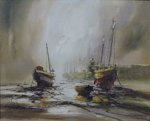 John Bampfield acrylic on canvas boats in harbour, signed lower left, 60 x 75cm