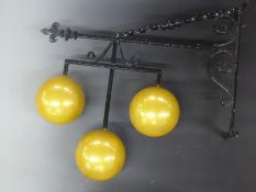 Vintage wrought iron pawnbrokers sign with three gold metal spheres, H82cm, W82cm