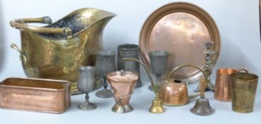 A brass helmet shaped coal scuttle, copper brass and pewter items