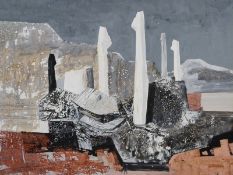 Richard Tornton (British modern) abstract gouache on board of buildings with chimneys, signed and