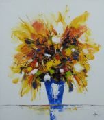 Modern acrylic on canvas still life of flowers in vase, indistinctly signed lower right, 89 x 78cm