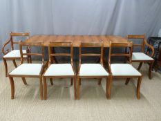 Extendable yew veneer dining table and six (4+2) chairs