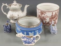 Wedgwood Jasperware jardiniere with plated mount, Calico and Crown Devon creamers, large Victorian