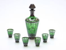 Venetian style silvered and flash overlaid glass drinking set comprising a decanter and six
