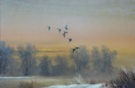 Dion Pears, oil on canvas of Mallard across an evening winter's sky, 60 x 90cm