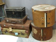 Six pieces of vintage luggage including leather suitcases, hat box with Cunard white Star Line