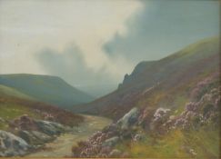 Reginald Daniel Sherrin (British 1891-1971) oil on board coastal path with heather, cliffs land