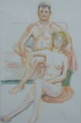 Angela Munslow watercolour of nude couple, monogrammed A M lower right, 82cm x 62cm