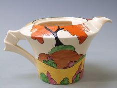 Clarice Cliff for Newport Pottery Bizarre teapot decorated with trees and hills, 25.5cm tall