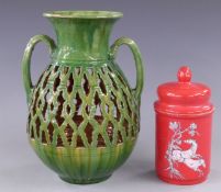 Tito Ubeda pottery reticulated twin handled vase and a Crown Devon lidded canister, tallest 27cm