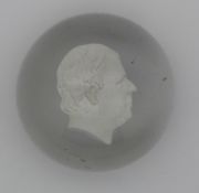 Glass paperweight decorated with a sulphide cameo in the form of King George IV, 69mm in diameter.
