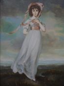 Richardson oil on board of a girl in white dress and pink bonnet, signed lower left, 40.5 x 30cm