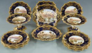 Aynsley late 19th/20thC dessert service of twelve plates, two tazzas and three serving dishes,