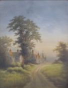 P. Parsons 19thC watercolour of a track near half timbered houses with smoking chimneys and figures,