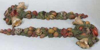 Pair of French plaster wall hangings depicting fruit and flowers, height 72cm