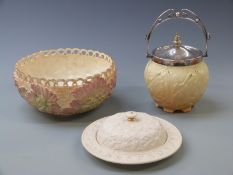 Royal Worcester blush ivory relief moulded fruit bowl with pierced rim, Grainger & Co muffin dish