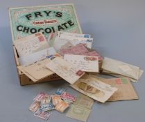 A box of covers including Victorian GB, loose stamps in packets and a 1946 unmounted mint Victory