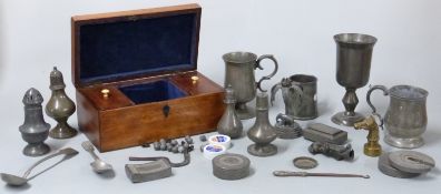 Quantity of pewter ware including tankards, figure of Nelson or similar, plated palm tree candle