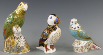 Three Royal Crown Derby bird paperweights with boxes, includes Puffin, limited edition Amazon