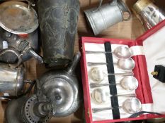 Collection of pewter and silver plated ware etc including Eastern dallah with bird finial, Islamic