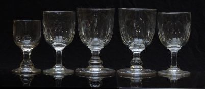 Five 19thC drinking glasses some with faceted and knopped stems, largest 16.4cm tall.