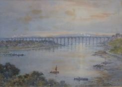 Frank W Wood (1904-1985) watercolour of Royal Border Bridge Viaduct across the river Tweed, Berwick,