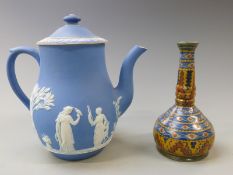 Liberty and Co Gouda pottery bud vase, Wedgwood Jasperware teapot, tallest 19cm