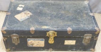Vintage metal bound trunk with Cunard white Star Line labels, width 92cm