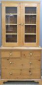 19th century pine dresser having glazed cabinet to top, the base fitted two over two drawers, raised