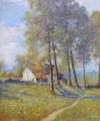A J Dale oil on canvas of a path to a cottage, signed lower left, 56 x 49.5cm