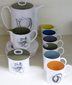 Susie Cooper bone china coffee set with harlequin decoration to the interior of the cups