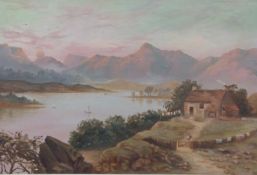 Oil on canvas Scottish loch scene with cottage to foreground, 50 x 65cm in gilt frame