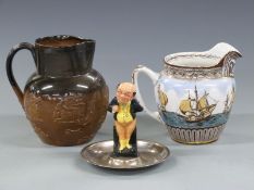 Doulton Lambeth salt glazed jug with inscription G Baldwin 1898, seriesware jug and a Dickens