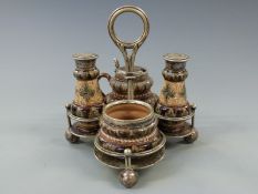 Doulton Lambeth cruet set in plated stand, impressed marks include LR and EW, 16cm tall