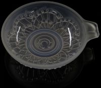 French Lalique style clear glass pin dish with architectural decoration around central spiral,