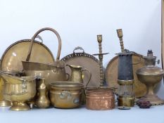 Five pairs of brass candlesticks, match striker / lighter, miner's lamp etc