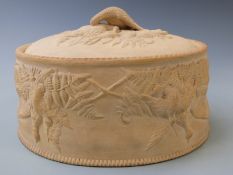 A 19thC caneware game pie dish with pheasant finial and liner, possibly Wedgwood/Minton, 18cm