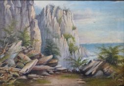 H.Dazeley 19th/early 20thC oil on canvas seascape with cliffs, rocks and steamships, 29 x 43cm
