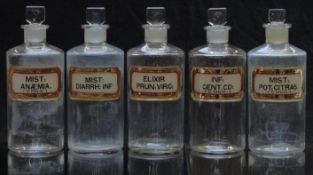 A set of five chemists/ pharmacy glass apothecary bottles with gilt labels including Mist Diarrh Inf