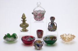 Nine Murano style glass dishes, vases and baskets including some with millefiori decoration and
