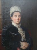 19thC oil on canvas of a lady with lace collar and brooch holding a rose, 88 x 66cm