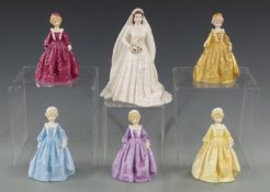 Royal Worcester figurines including five Grandmother's Dress in different colourways and Queen