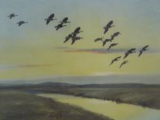Peter Scott signed print 'Morning Flight over the Marsh Pink Feet', 39 x 55cm