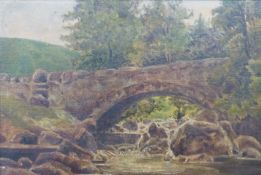 E.Walker oil on canvas of a bridge over a river entitled 'Tal y bont' to frame, 16.5 x 24.5cm