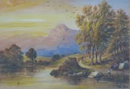 Victorian gouache of a boy fishing and other figures in a mountainous landscape, indistinctly signed