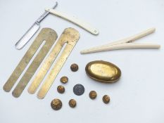 Brass snuff box dated 1887, cut throat razor, glove stretchers, military buttons etc