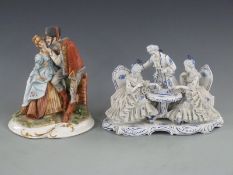 Dresden figural group and Capodimonte group of chess players, 29cm tall