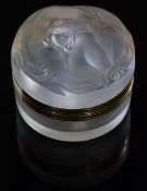 Lalique Daphne circular hinged glass powder pot with gilt metal mounts and original label, signed