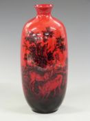 Royal Doulton flambé woodcut vase decorated with stag/deer in woodland, shape no 1619, 29cm