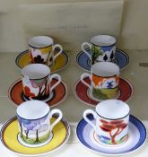 Set of six Wedgwood Clarice Cliff coffee cans and saucers with certificates